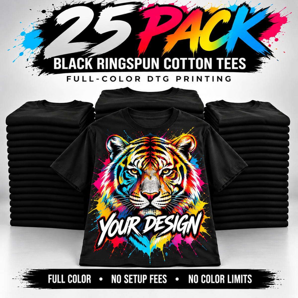 25-Pack Black Tees | Full-Color DTG Printing