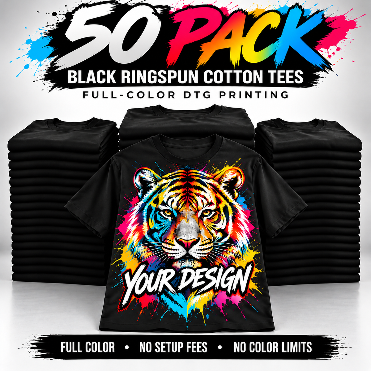 50-Pack Black Tees | Full-Color DTG Printing
