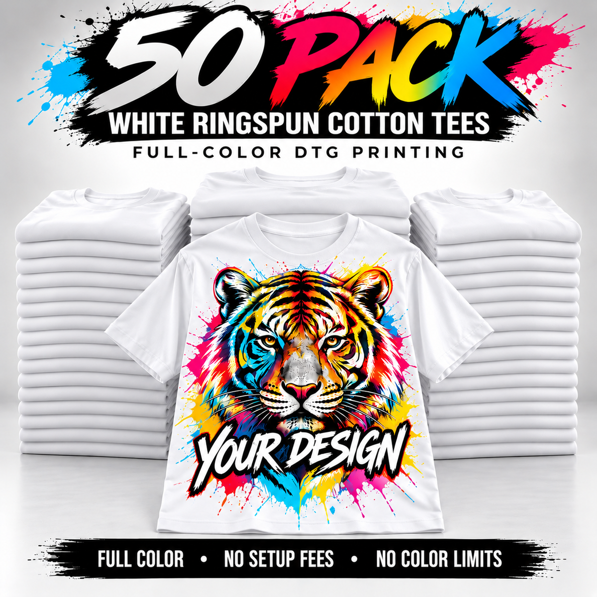 50-Pack White Tees | Full-Color DTG Printing