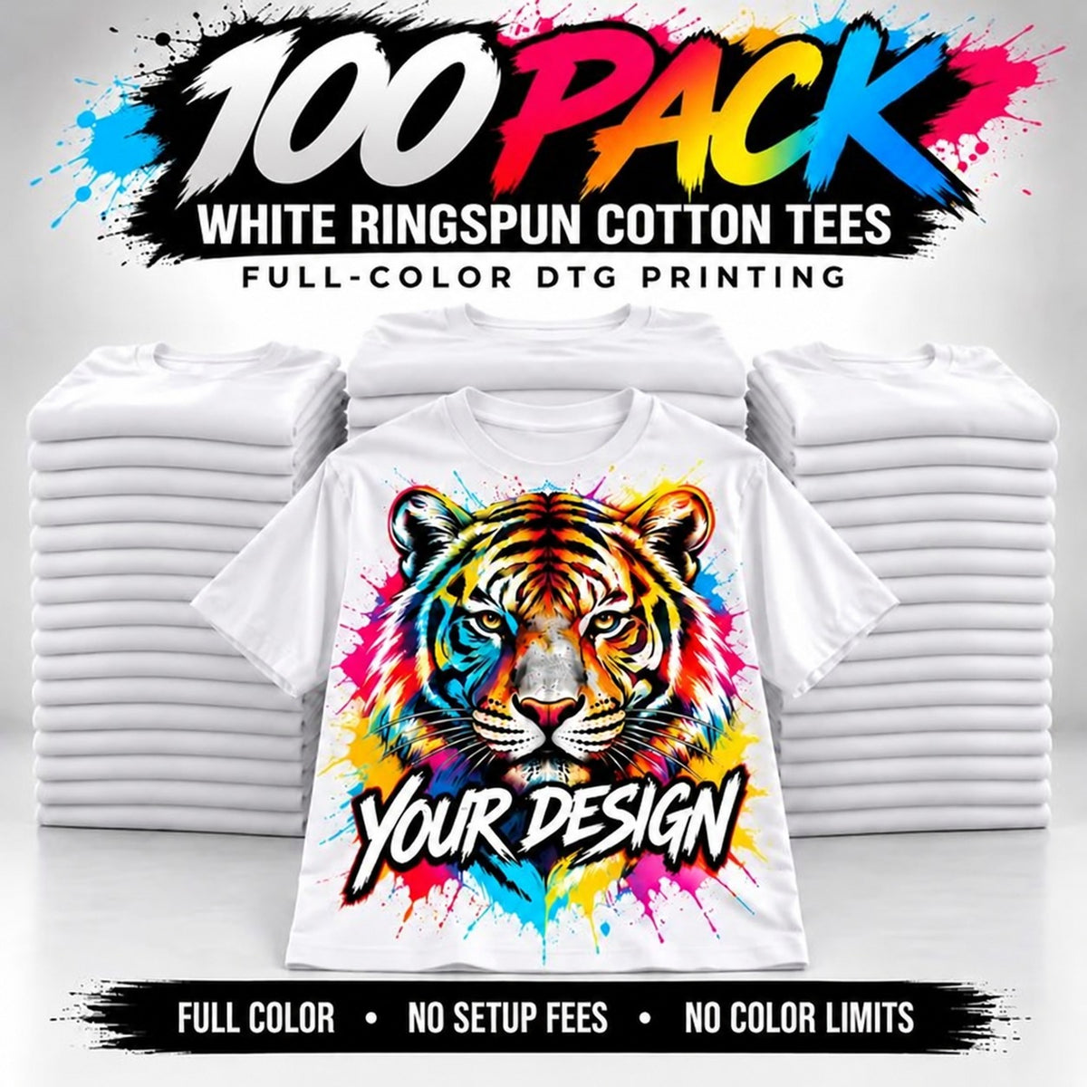 100-Pack White Tees | Full-Color DTG Printing