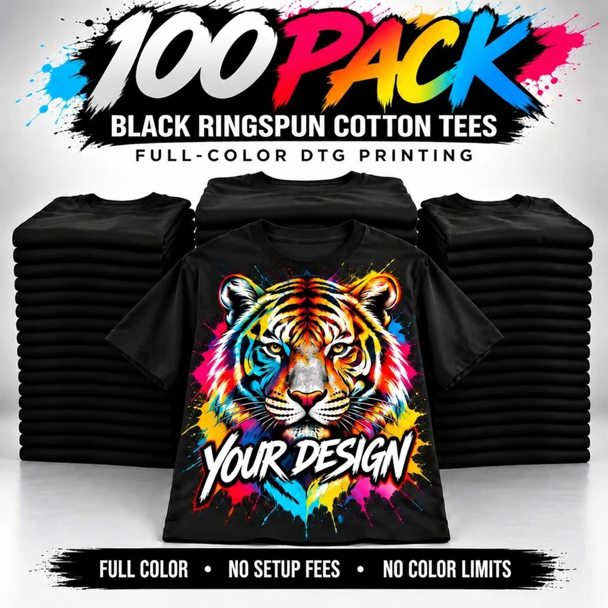 100-Pack Black Tees | Full-Color DTG Printing